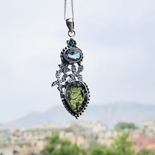 Genuine Moldavite & Mystic Topaz Pendant,  925 Sterling Silver Handmade Pendant, Moldavite Gemstone Pendant, Gift For Women's