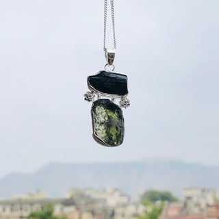 Genuine Moldavite & Black Tourmaline Rough Pendant,  925 Sterling Silver Handmade Pendant, Moldavite Gemstone Pendant, Gift For Women's
