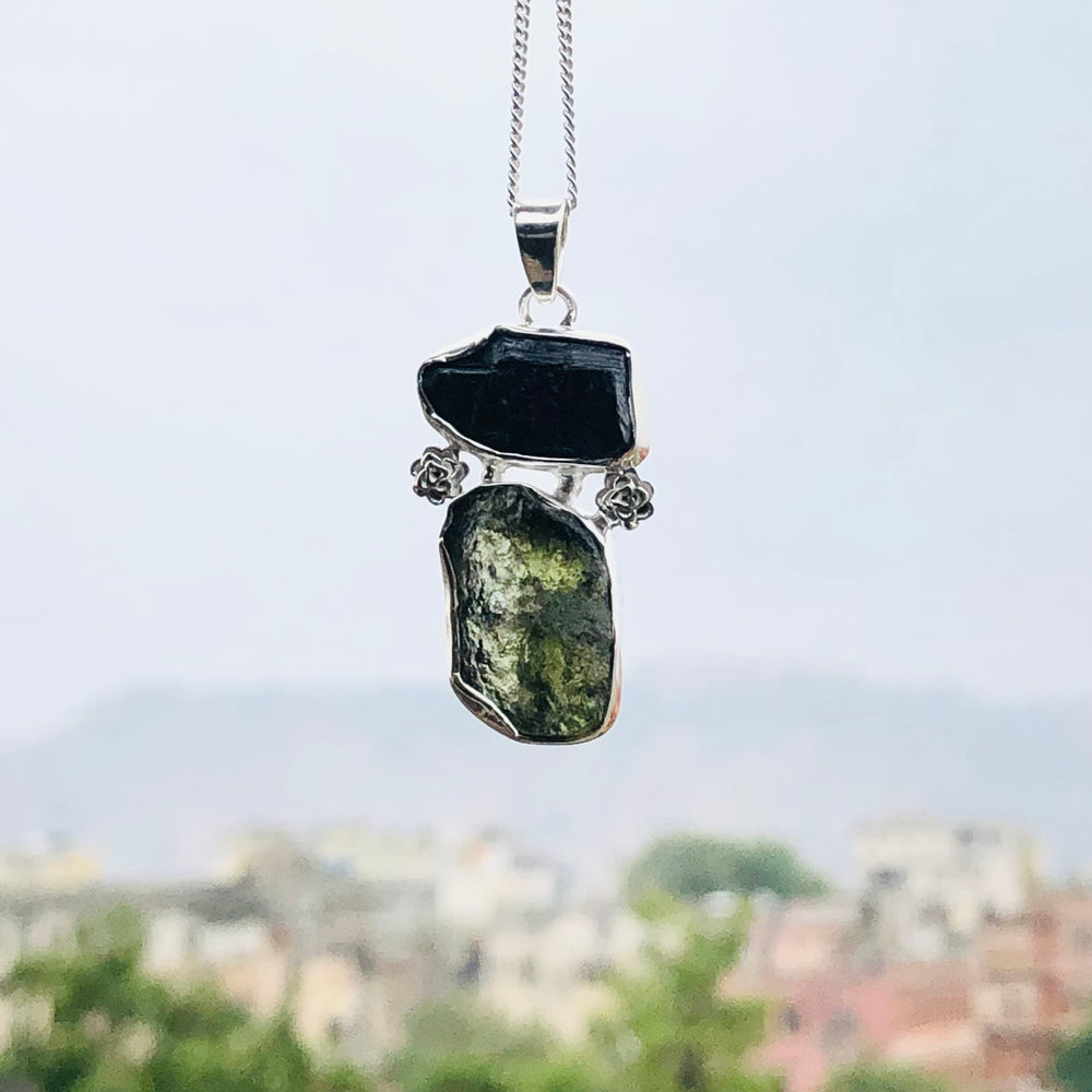 Genuine Moldavite & Black Tourmaline Rough Pendant,  925 Sterling Silver Handmade Pendant, Moldavite Gemstone Pendant, Gift For Women's