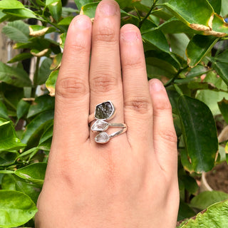 Czech Republic Moldavite Ring , Herkimer Diamond Ring, Natural Gemstone 925 Solid Sterling Silver Handmade Jewelry Ring, Gift For Her