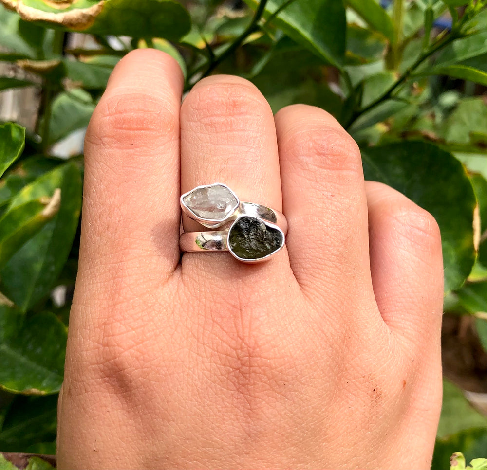 Czech Republic Moldavite Ring , Herkimer Diamond Ring, Natural Gemstone 925 Solid Sterling Silver Handmade Jewelry Ring, Gift For Her