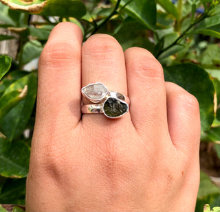 Czech Republic Moldavite Ring , Herkimer Diamond Ring, Natural Gemstone 925 Solid Sterling Silver Handmade Jewelry Ring, Gift For Her