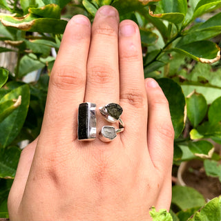 Natural Raw Moldavite, Herkimer &amp; Black Tourmaline Gemstone Ring 925 Solid Sterling Silver Handmade Jewelry Ring Gift For Her