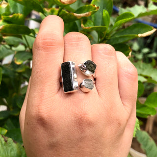 Natural Raw Moldavite, Herkimer &amp; Black Tourmaline Gemstone Ring 925 Solid Sterling Silver Handmade Jewelry Ring Gift For Her
