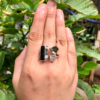 Natural Raw Moldavite, Herkimer &amp; Black Tourmaline Gemstone Ring 925 Solid Sterling Silver Handmade Jewelry Ring Gift For Her