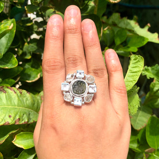 Czech Republic Moldavite Ring , Herkimer Diamond Ring, Natural Gemstone 925 Solid Sterling Silver Handmade Jewelry Ring, Blue Topaz Ring