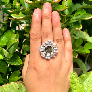 Czech Republic Moldavite Ring , Herkimer Diamond Ring, Natural Gemstone 925 Solid Sterling Silver Handmade Jewelry Ring, Blue Topaz Ring