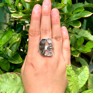 Natural Raw Moldavite, Herkimer Diamond and Meteorite Gemstone Ring 925 Solid Sterling Silver Handmade Jewelry Ring Gift For Mother