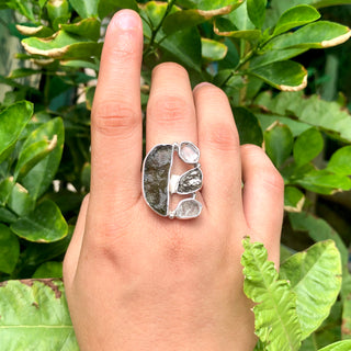 Natural Raw Moldavite, Herkimer Diamond and Meteorite Gemstone Ring 925 Solid Sterling Silver Handmade Jewelry Ring Gift For Mother