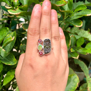 Natural Raw Moldavite, Ethiopian Opal Garnet Gemstone Ring 925 Solid Sterling Silver Handmade Jewelry Ring Gift For Mother