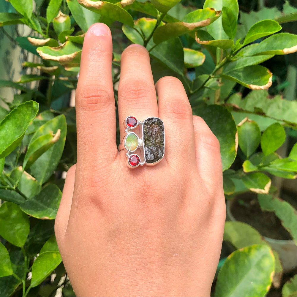 Natural Raw Moldavite, Ethiopian Opal Garnet Gemstone Ring 925 Solid Sterling Silver Handmade Jewelry Ring Gift For Mother
