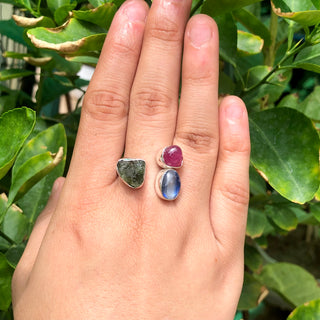 Czech Republic Moldavite Ring, Ruby &amp; Kyanite Gemstone Ring, Natural Gemstone 925 Solid Sterling Silver Handmade Jewelry Ring, Gift For Her