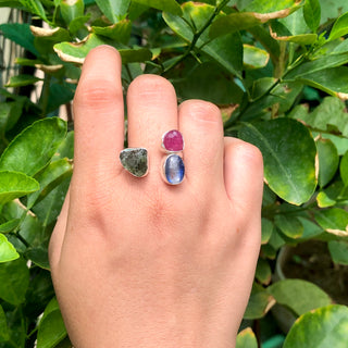 Czech Republic Moldavite Ring, Ruby &amp; Kyanite Gemstone Ring, Natural Gemstone 925 Solid Sterling Silver Handmade Jewelry Ring, Gift For Her
