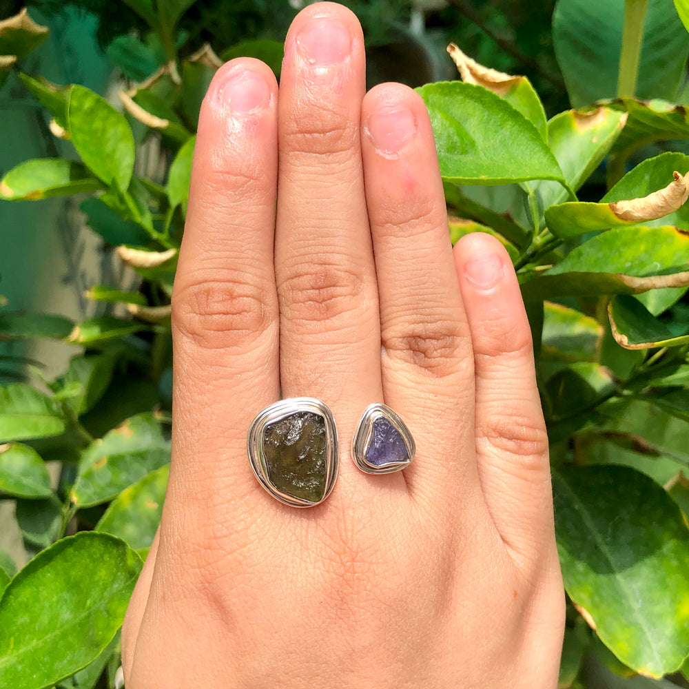 Certified Moldavite Ring, Raw Moldavite &amp; Tanzanite Ring, 925 Solid Sterling Silver,Moldavite jewelry, Czech Republic Ring, Adjustable Ring