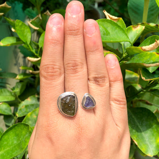 Certified Moldavite Ring, Raw Moldavite &amp; Tanzanite Ring, 925 Solid Sterling Silver,Moldavite jewelry, Czech Republic Ring, Adjustable Ring