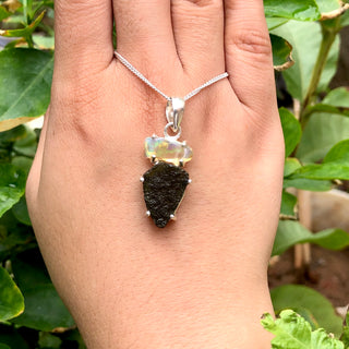 Genuine Moldavite & Opal Rough Pendant,  925 Sterling Silver Handmade Pendant, Moldavite Gemstone Pendant, Gift For Women's