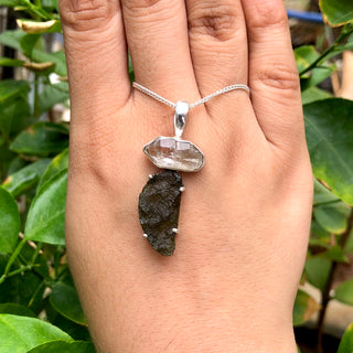 Genuine Moldavite & Herkimer Rough Pendant,  925 Sterling Silver Handmade Pendant, Moldavite Gemstone Pendant, Gift For Women's