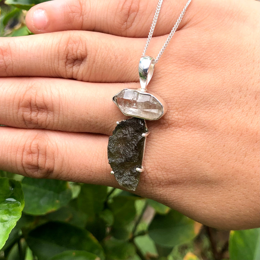 Genuine Moldavite & Herkimer Rough Pendant,  925 Sterling Silver Handmade Pendant, Moldavite Gemstone Pendant, Gift For Women's