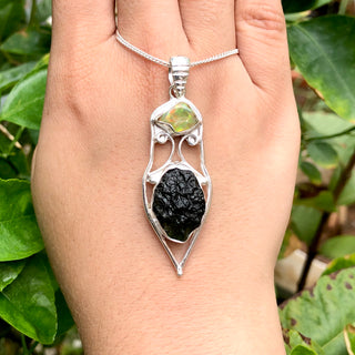 Genuine Moldavite & Opal Rough Pendant,  925 Sterling Silver Handmade Pendant, Moldavite Gemstone Pendant, Gift For Women's