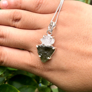 Genuine Moldavite & Herkimer Rough Pendant,  925 Sterling Silver Handmade Pendant, Moldavite Gemstone Pendant, Gift For Women's