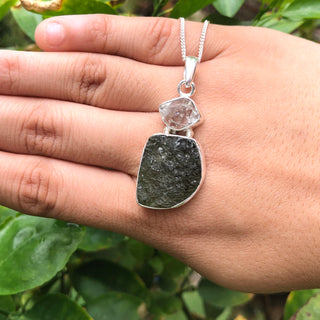Genuine Moldavite & Herkimer Rough Pendant,  925 Sterling Silver Handmade Pendant, Moldavite Gemstone Pendant, Gift For Women's