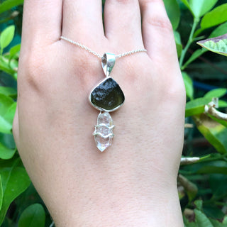 Genuine Moldavite & Herkimer Rough Pendant,  925 Sterling Silver Handmade Pendant, Moldavite Gemstone Pendant, Gift For Women's