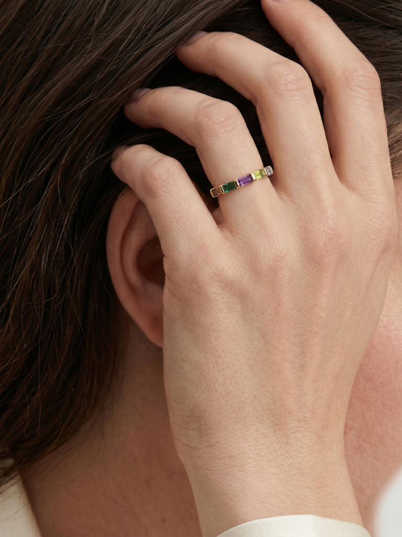 NATURAL MULTI STONE RING, BAGUETTE SHAPE GEMSTONE, 925 SILVER 18KT GOLD PLATED