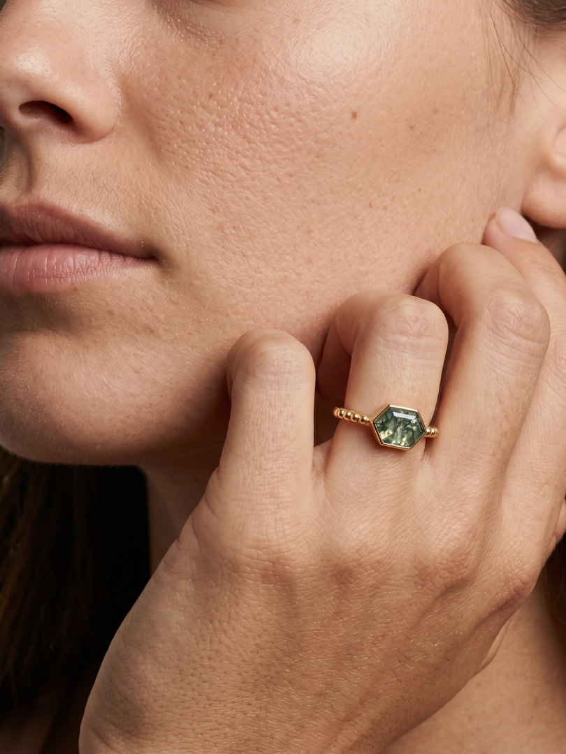 NATURAL MOSS AGATE STONE RING, HEXAGON SHAPE GEMSTONE, 925 SILVER RING WITH 18KT GOLD PLATED