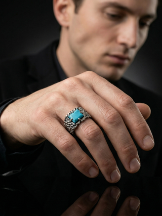 Natural Turquoise Ring for Men in 925 Sterling Silver | Oxidized Handmade Statement Ring | Jewelry By Harshita Jewellery
