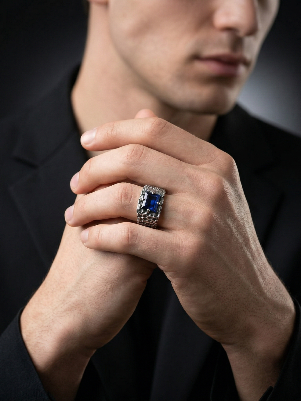 Blue Sapphire Ring for Men in 925 Sterling Silver | Oxidized Handmade Statement Ring 