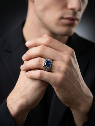 Blue Sapphire Ring for Men in 925 Sterling Silver | Oxidized Handmade Statement Ring 