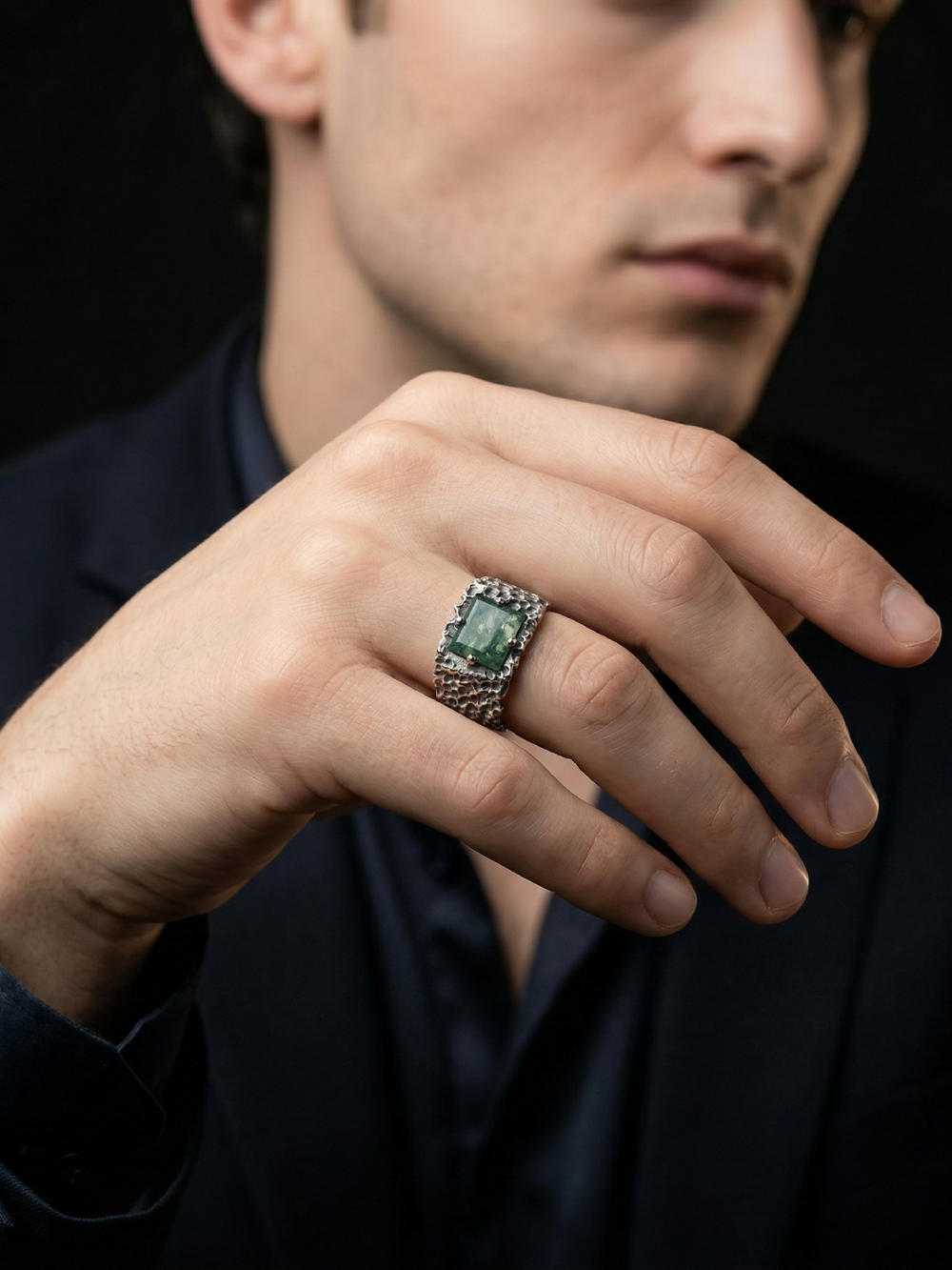 Moss Agate Ring for Men in 925 Sterling Silver | Oxidized Handmade Statement Ring 
