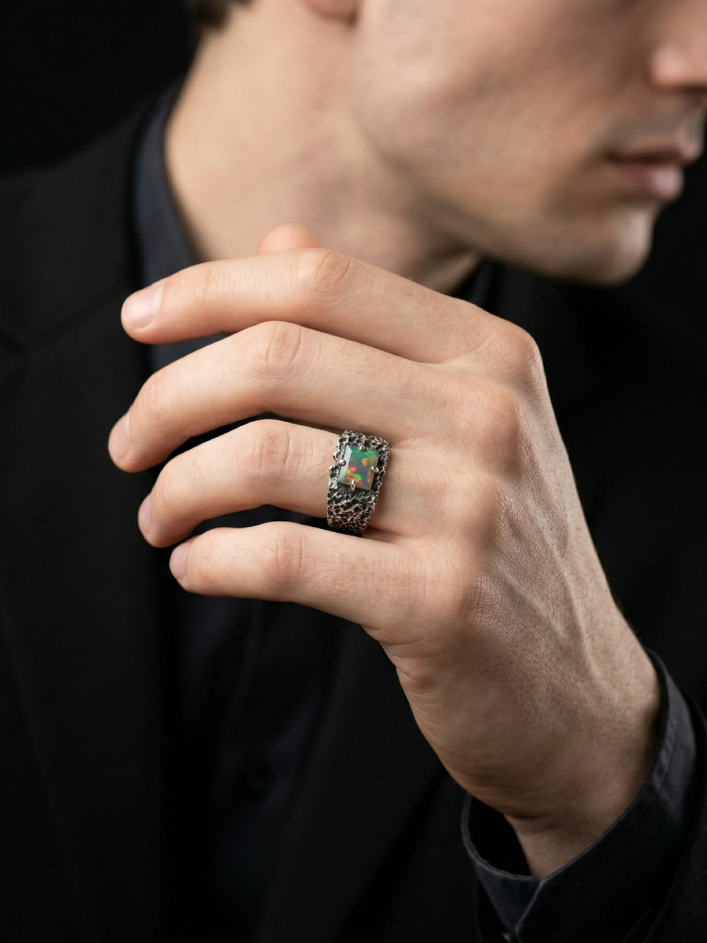 Ethiopian Opal Ring for Men in 925 Sterling Silver | Oxidized Handmade Statement Ring
