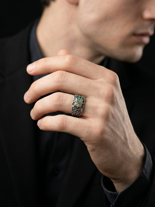 Ethiopian Opal Ring for Men in 925 Sterling Silver | Oxidized Handmade Statement Ring