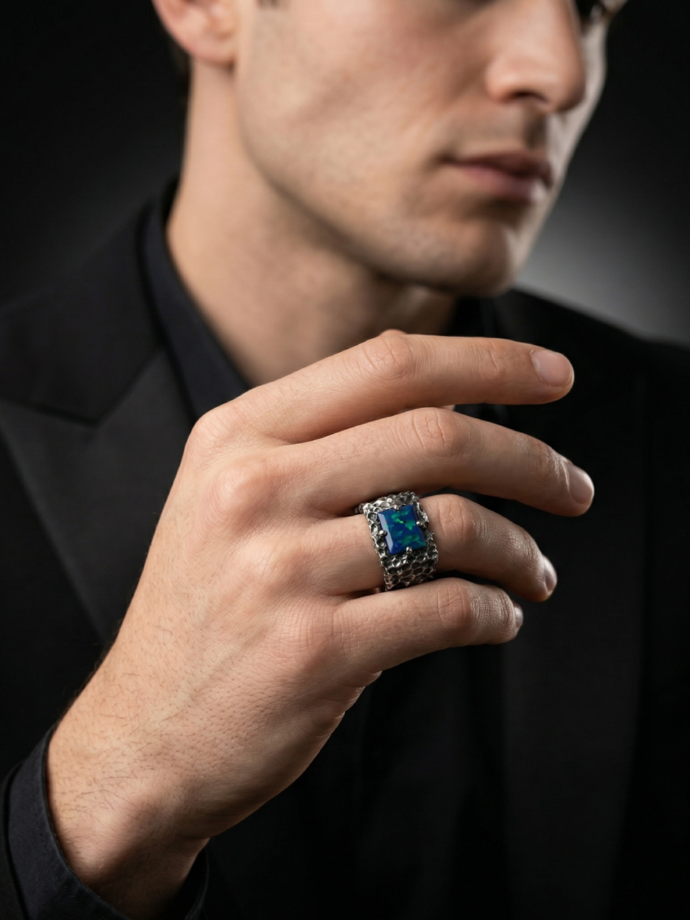 Blue Opal Ring for Men | 925 Sterling Silver Opal Ring | Handmade Statement Ring | Oxidized Biker Ring | Vintage Gemstone Jewelry 