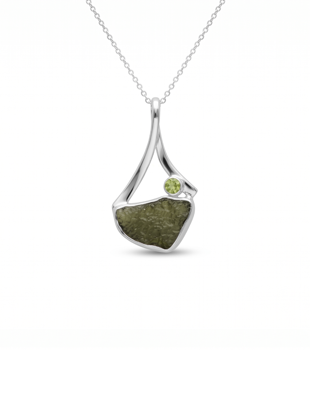 Genuine Moldavite Rough With Peridot Pendant 100% Natural With Certified Gemstone From Czech Republic 925 Sterling Silver Handmade Jewelry