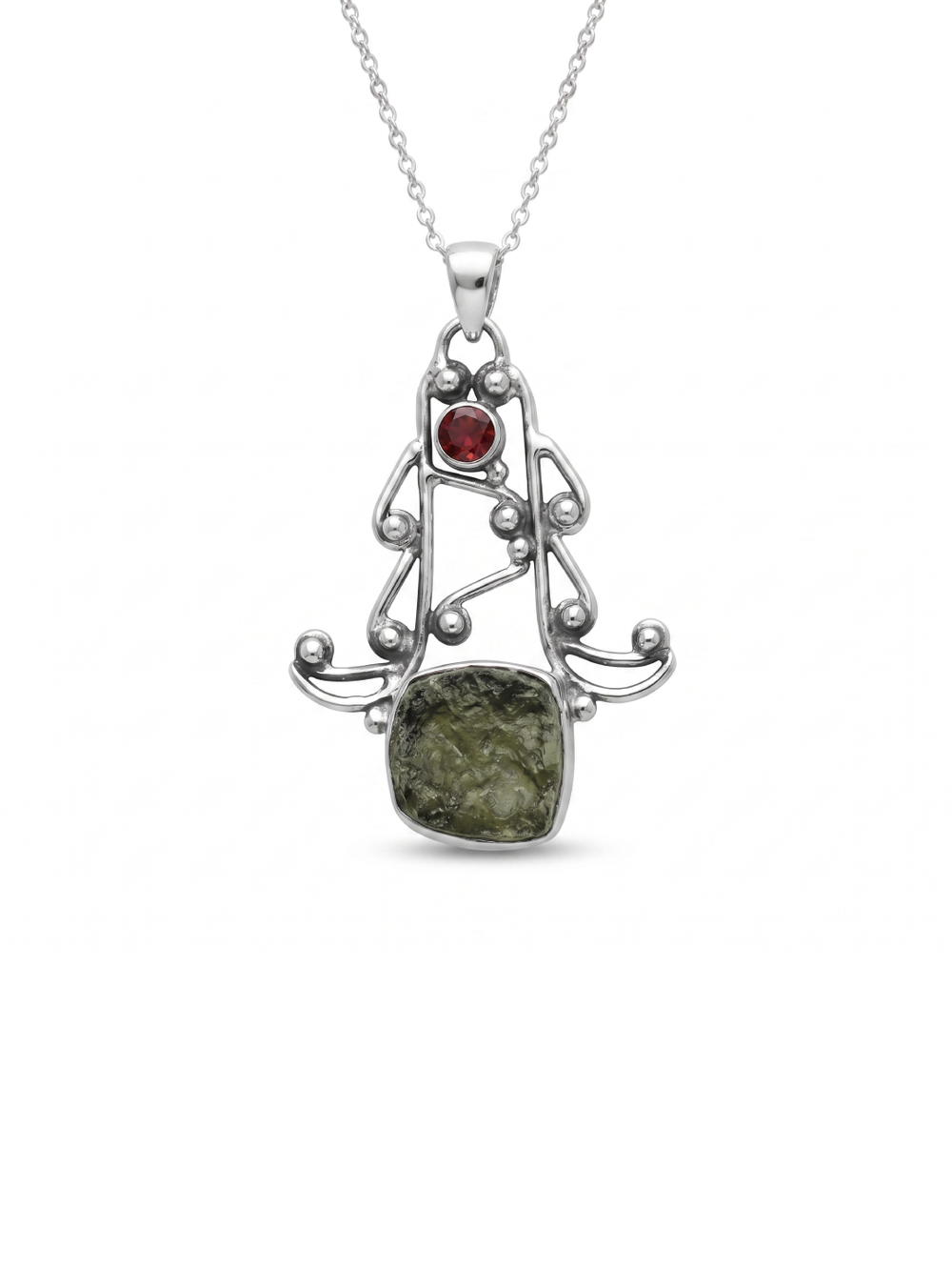 Moldavite Garnet pendant, genuine gemstone pendant, sterling silver handmade pendant, 100% genuine with certified gemstone