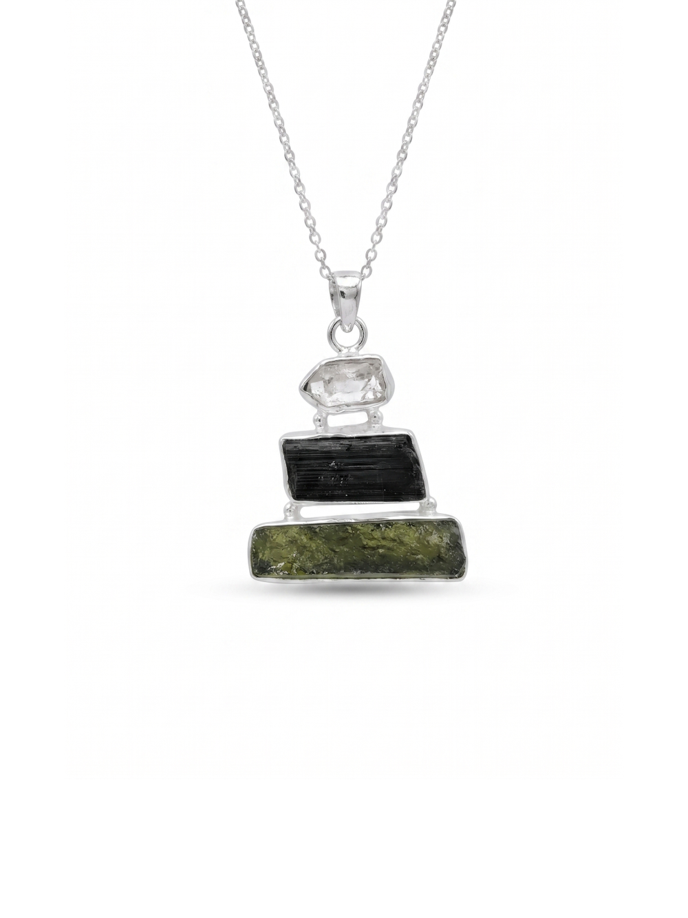 Moldavite Pendant, Black Tourmaline, Moldavite, Herkimer Diamond Pendant, Sterling Silver Pendant, Handmade Pendant, Natural Moldavite