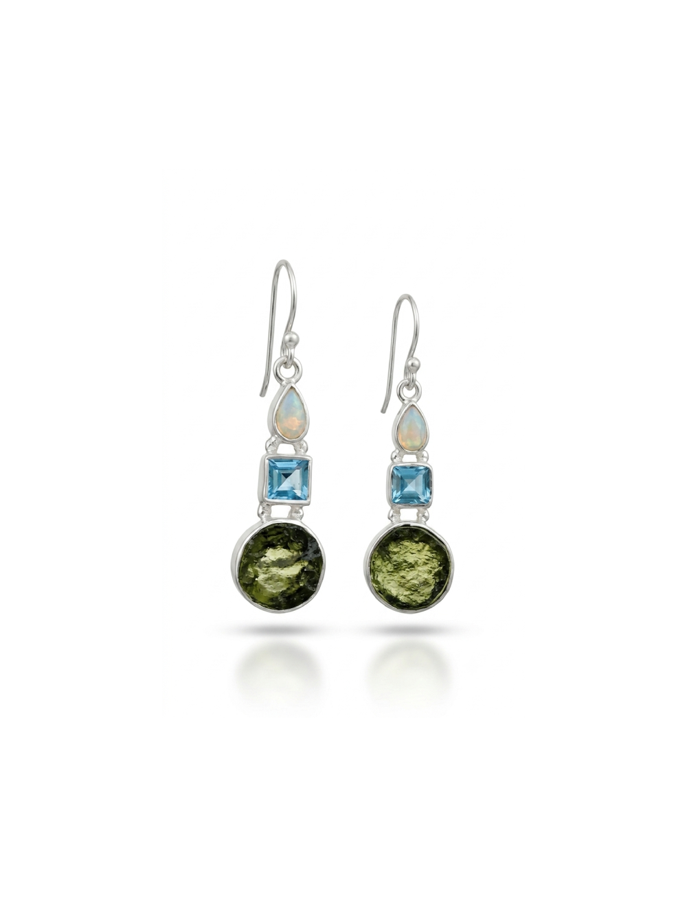 Czech Moldavite, Opal & Blue Topaz Gemstone Earring, 925 Sterling Silver Handmade Earring, Drop Dangle Earring, Gifts For Her