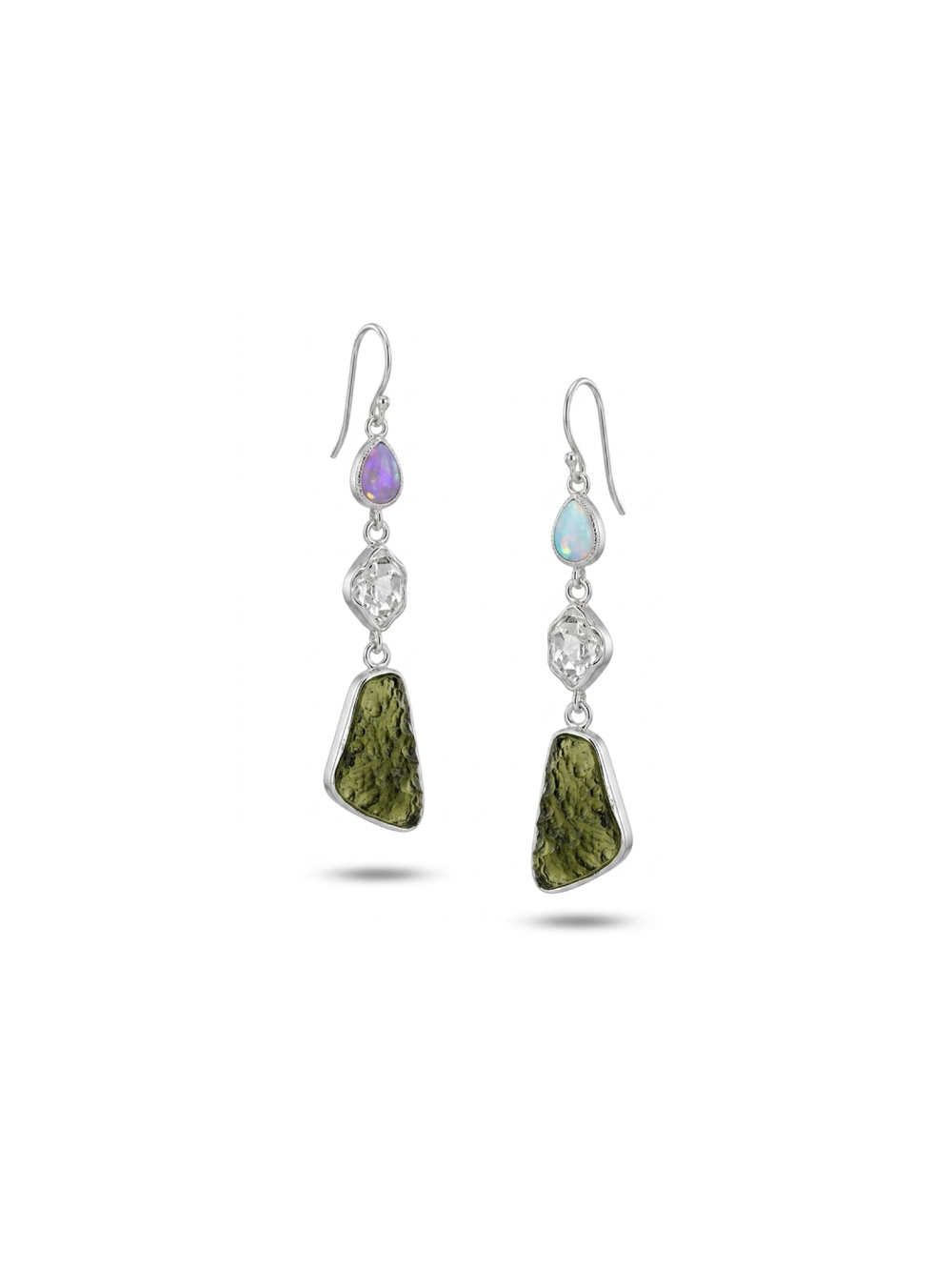Natural Moldavite Rough & Herkimer Diamond, Opal  Earrings Gemstone From Czech Republic 925 Solid Sterling Silver Handmade Designer Jewelry