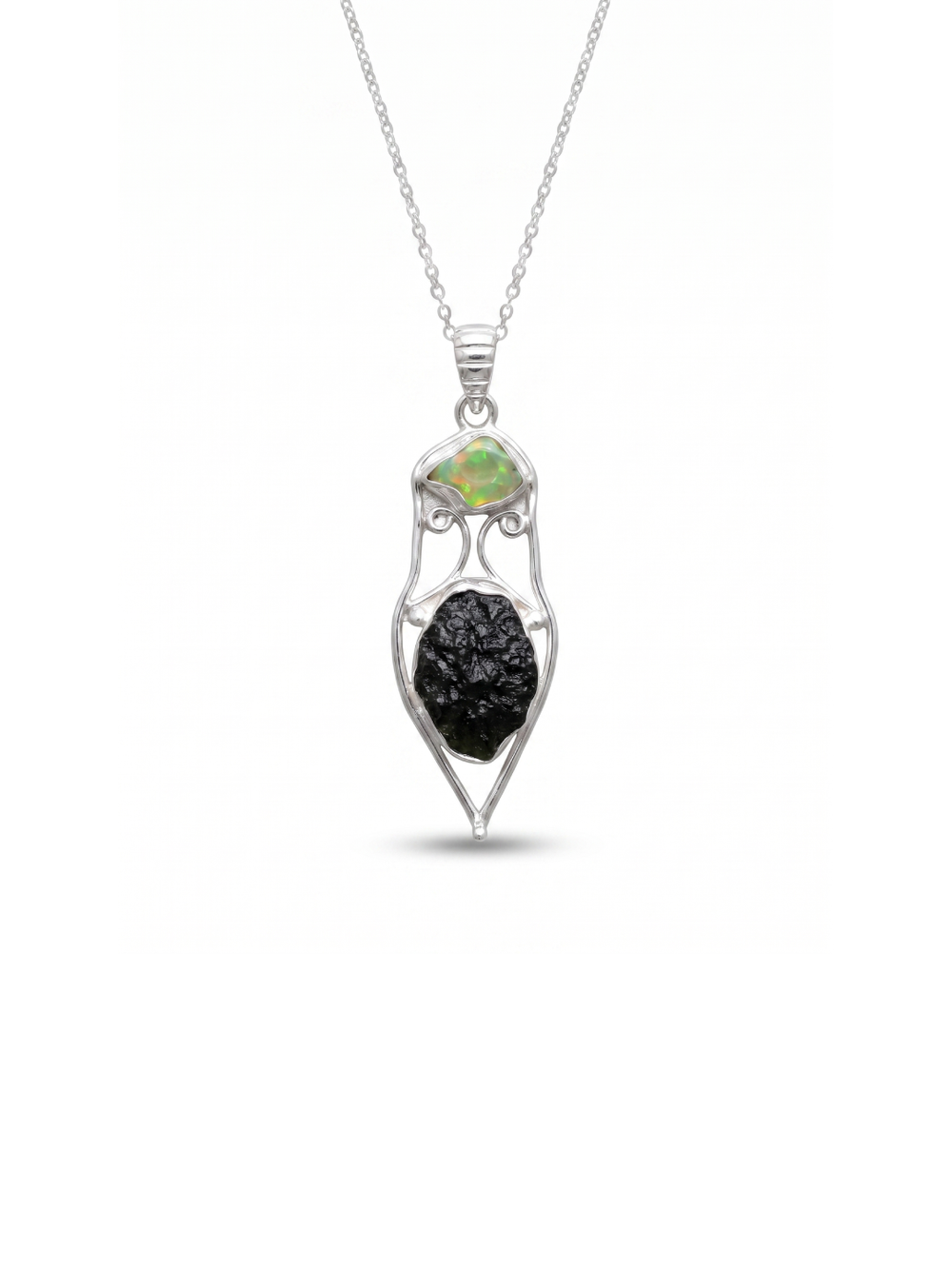 Genuine Moldavite & Opal Rough Pendant,  925 Sterling Silver Handmade Pendant, Moldavite Gemstone Pendant, Gift For Women's