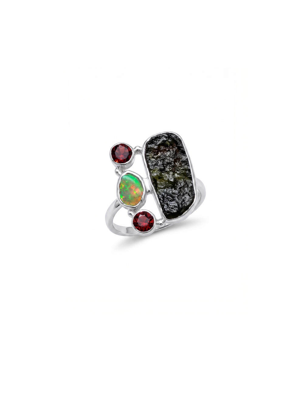 Natural Raw Moldavite, Ethiopian Opal Garnet Gemstone Ring 925 Solid Sterling Silver Handmade Jewelry Ring Gift For Mother