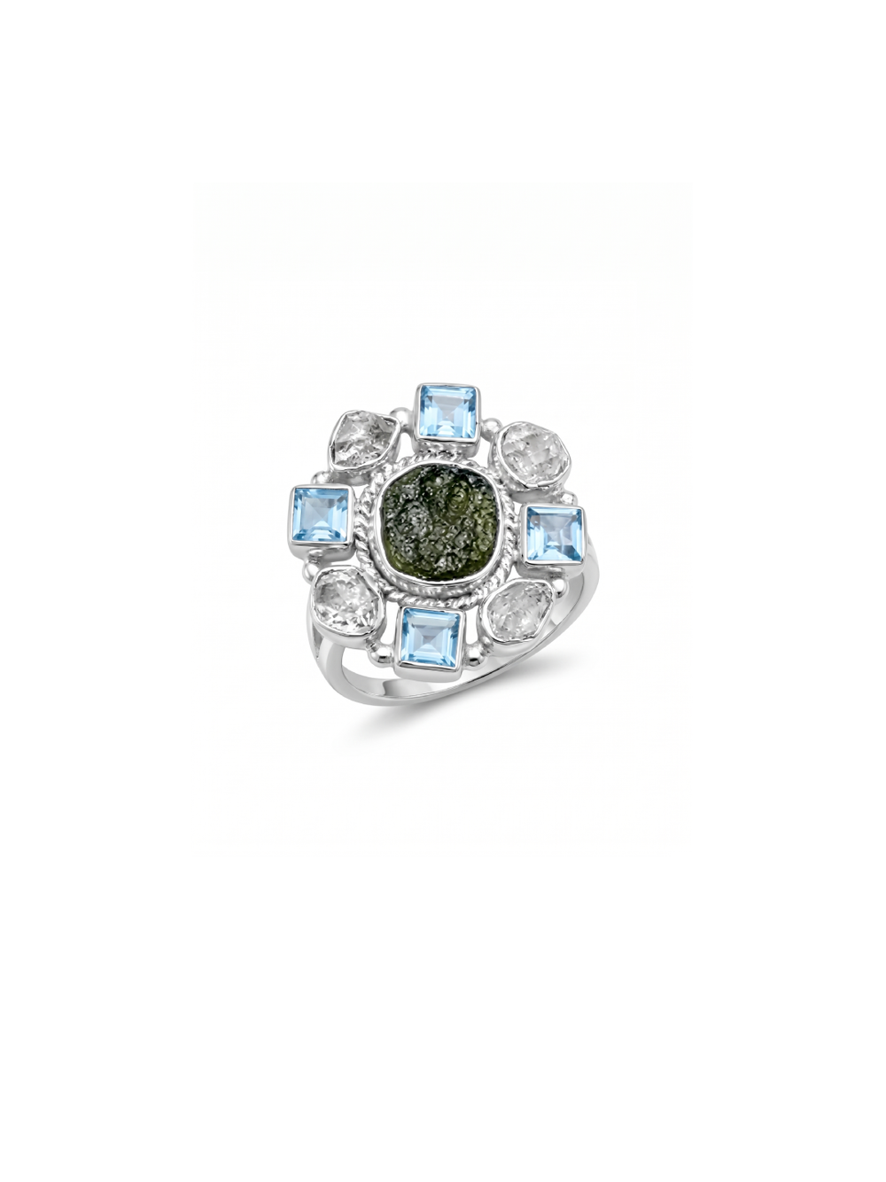 Czech Republic Moldavite Ring , Herkimer Diamond Ring, Natural Gemstone 925 Solid Sterling Silver Handmade Jewelry Ring, Blue Topaz Ring