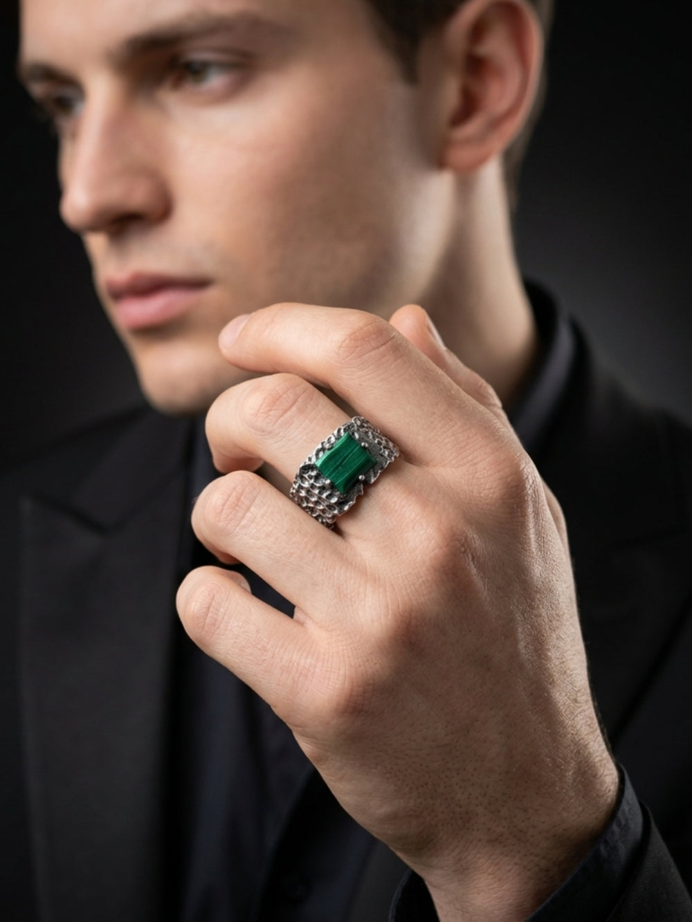 Malachite Ring for Men in 925 Sterling Silver | Oxidized Handmade Statement Ring | Vintage Gemstone 