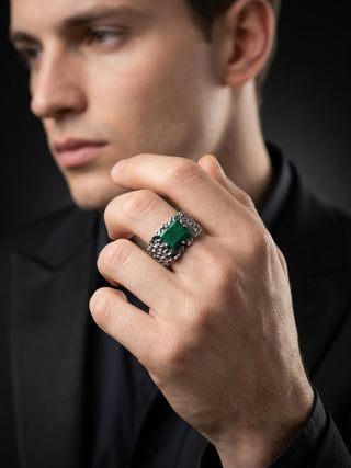 Malachite Ring for Men in 925 Sterling Silver | Oxidized Handmade Statement Ring | Vintage Gemstone 