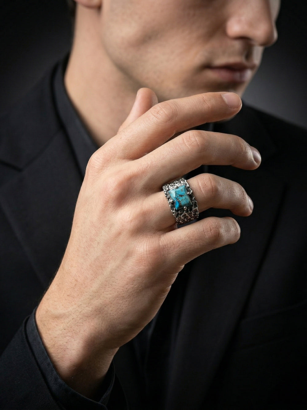 Copper Turquoise Ring for Men | 925 Sterling Silver Turquoise Ring | Handmade Statement Ring | Oxidized Biker Ring | Vintage Gemstone Jewelry 