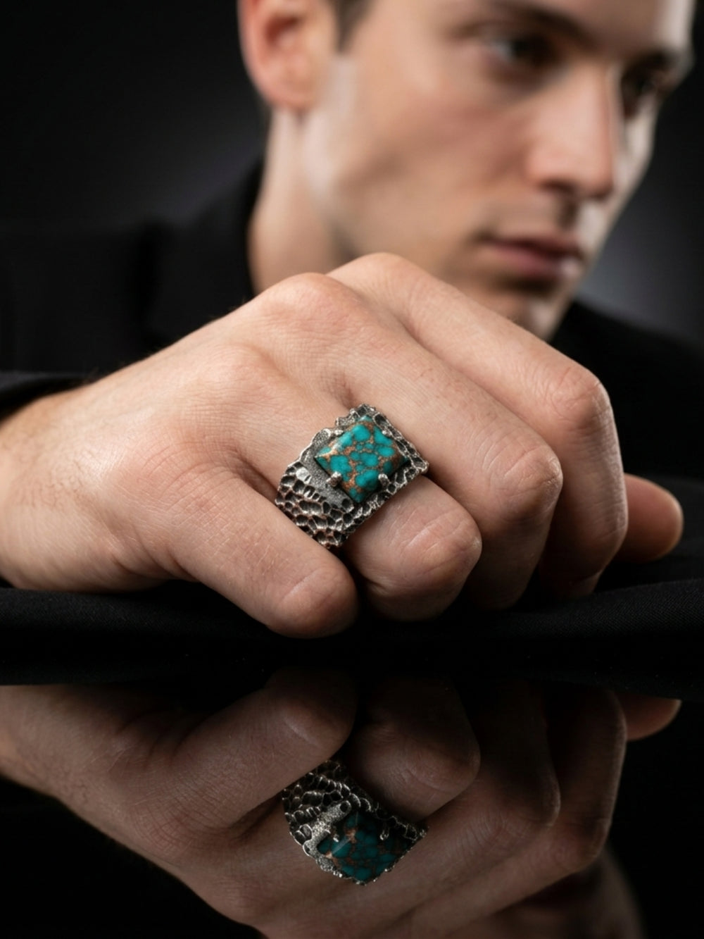 Copper Turquoise Ring for Men | 925 Sterling Silver Turquoise Ring | Handmade Statement Ring | Oxidized Biker Ring | Rustic Gemstone Jewelry 