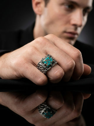 Copper Turquoise Ring for Men | 925 Sterling Silver Turquoise Ring | Handmade Statement Ring | Oxidized Biker Ring | Rustic Gemstone Jewelry 