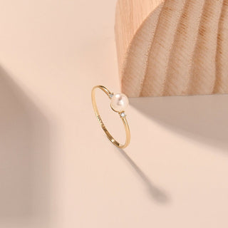 14k Gold Pearl Engagement Ring with Tiny Diamonds, Solid Gold Freshwater Pearl Ring, Dainty Minimalist Promise Rings, Handmade Stacking Ring
