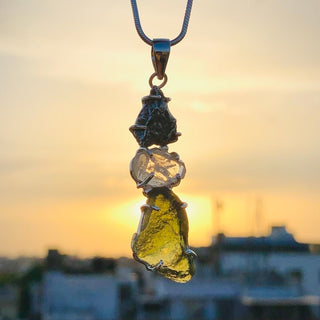 100% genuine Moldavite, herkimer and Meteorite pendant 925 Sterling Silver Handmade Women Jewelry